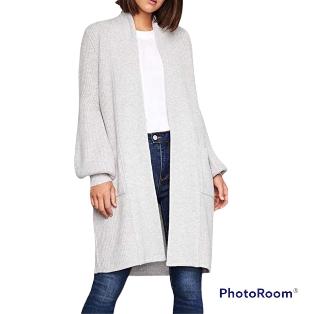 BCBGMaxazaria Grey Wool Long Ballon Sleeve Open Front Cardigan Sweater